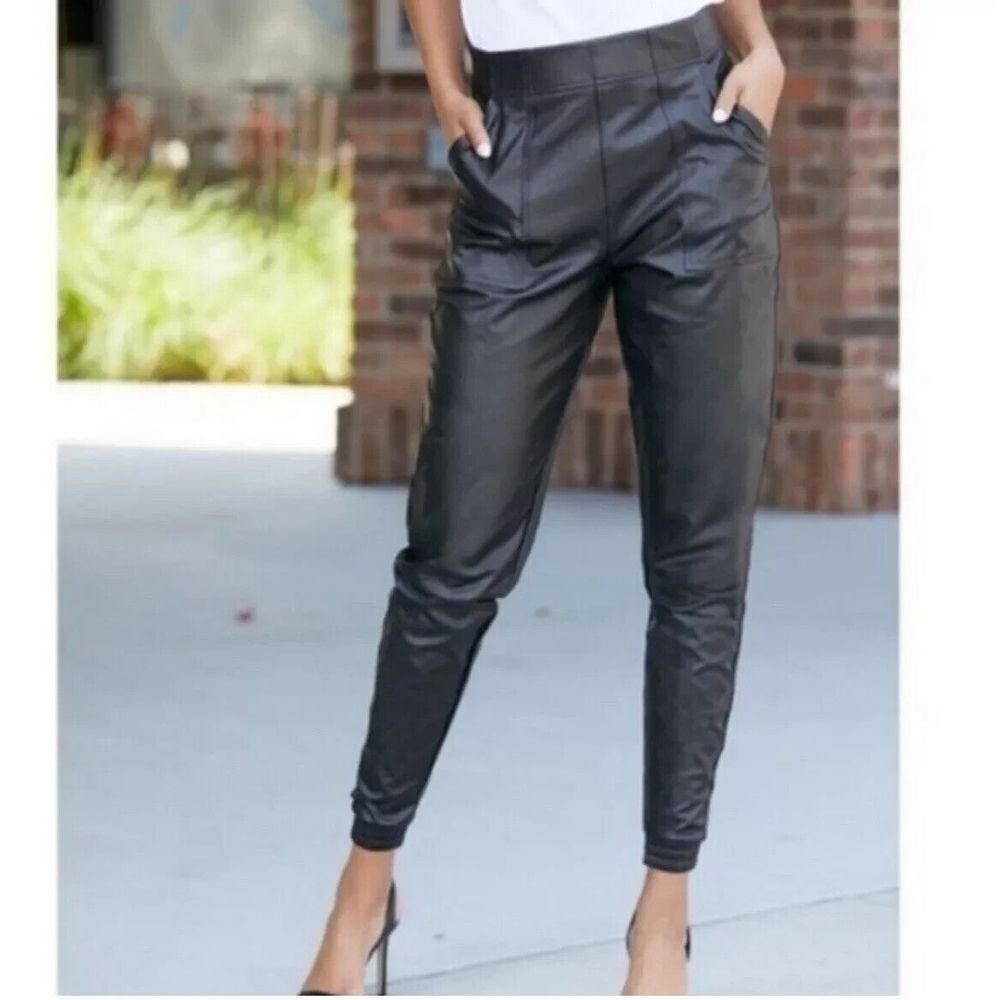 SPANX Leather Like Jogger Faux Vegan Women L‎ Pockets Pull On Pants 20283R Black